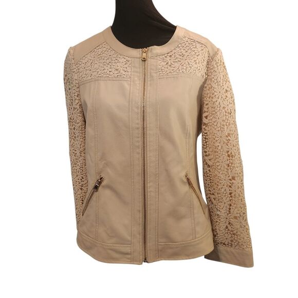 Chico's Faux Leather Blazer Jacket Size 1 Medium Ivory Cream Zip Lace Sleeves - Picture 1 of 10